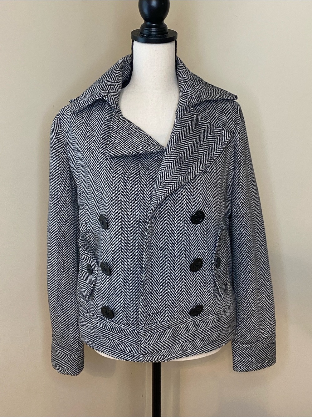 dELiA*s Black and White Herringbone Double-Breasted Peacoat